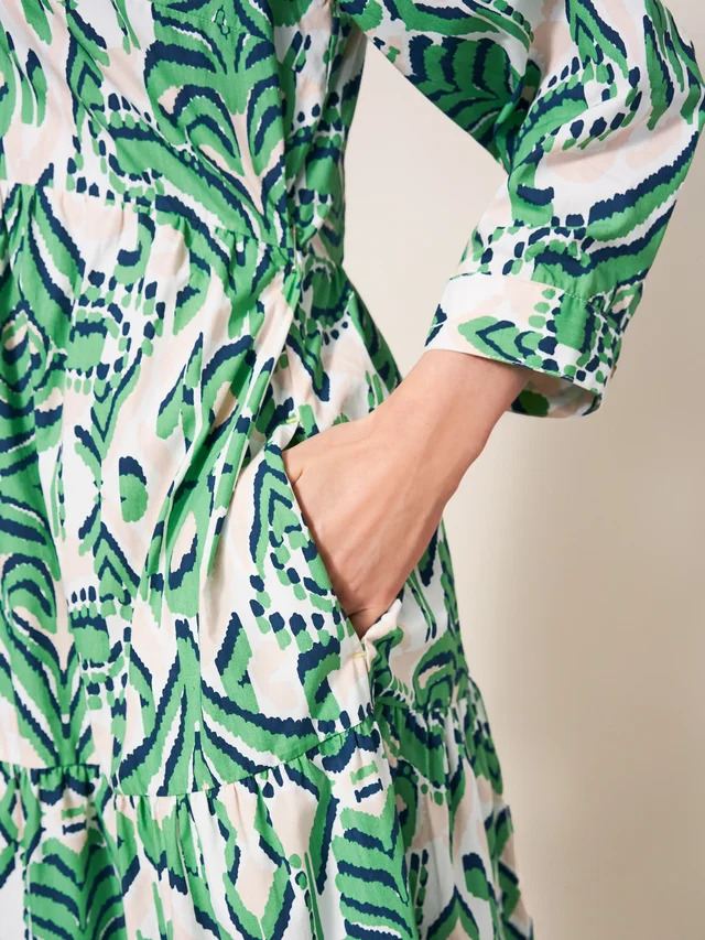 White Stuff Mayra Tiered Shirt Dress - GREEN MLT