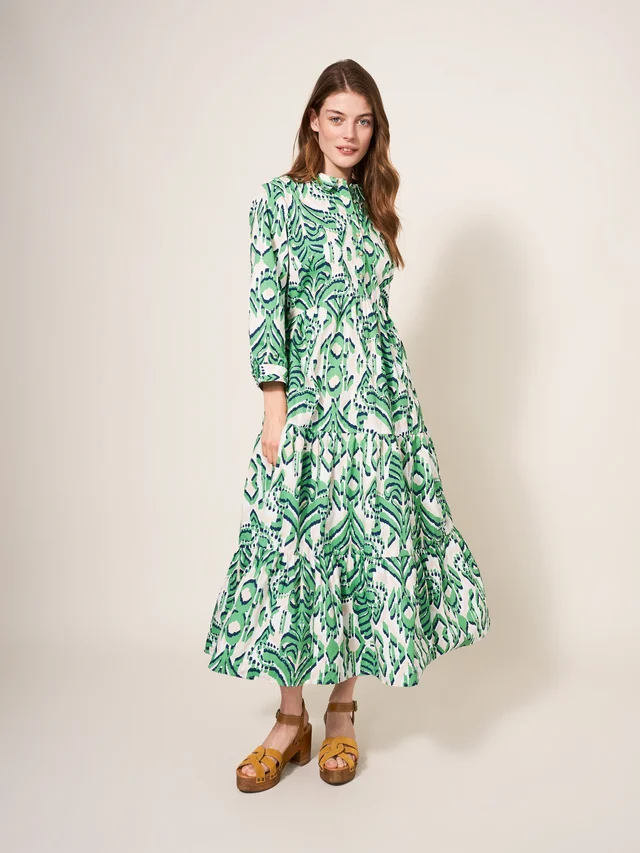 White Stuff Mayra Tiered Shirt Dress - GREEN MLT
