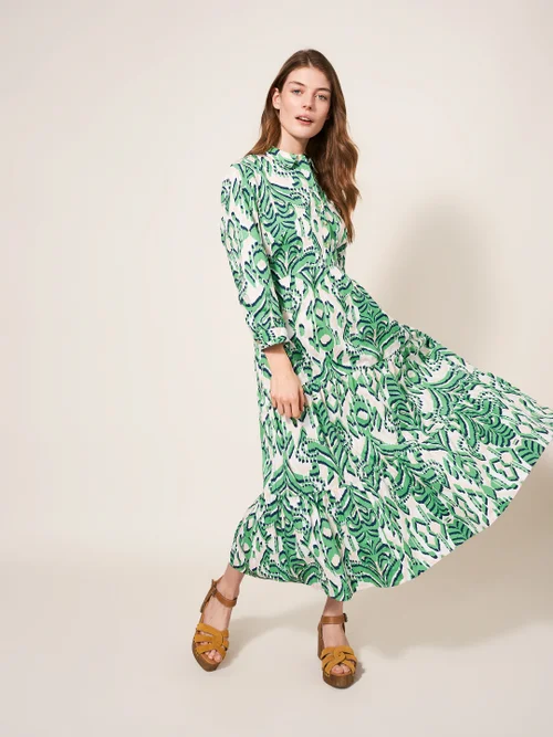 White Stuff Mayra Tiered Shirt Dress - GREEN MLT - 36 Image 3