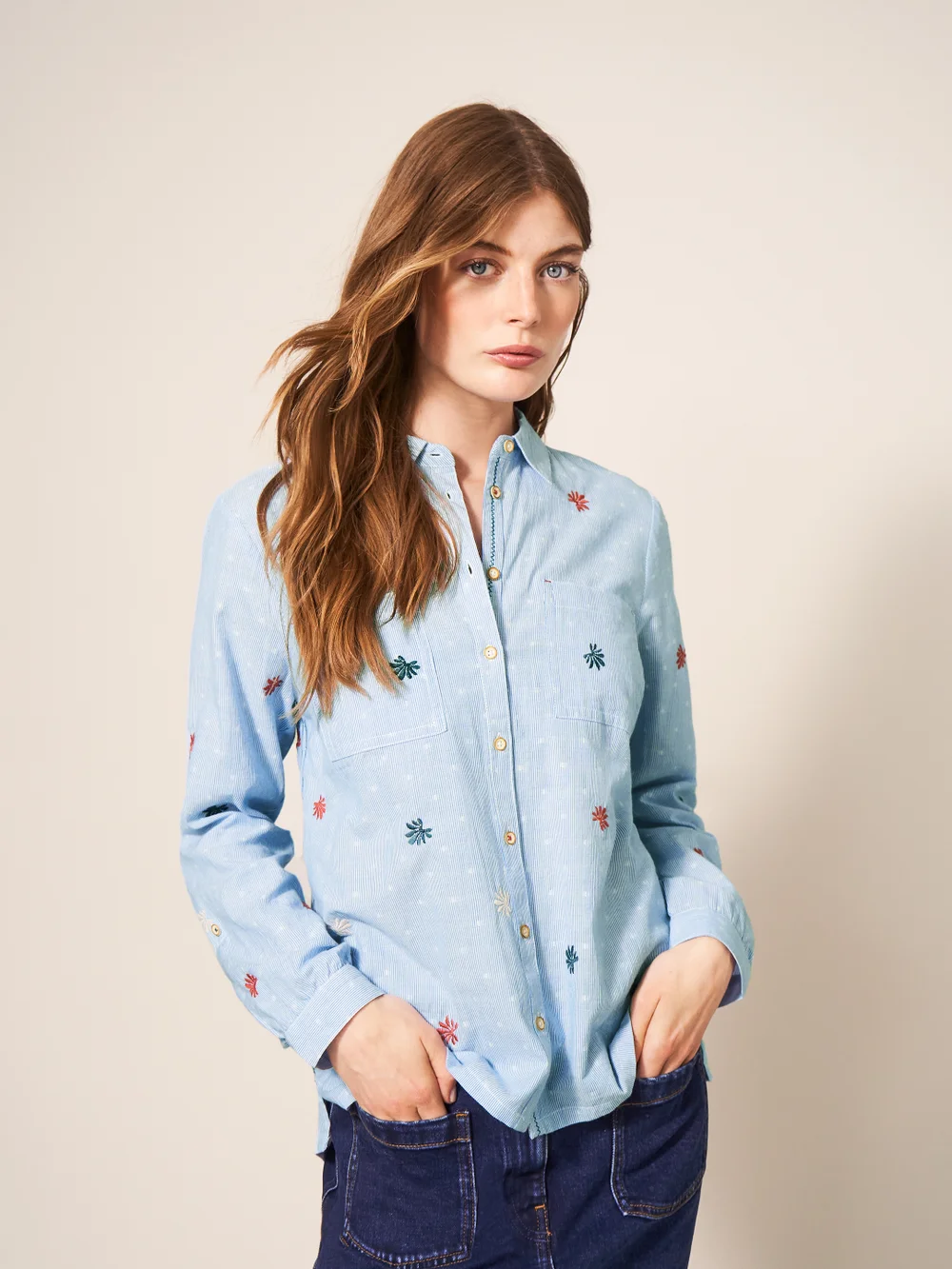 White Stuff Sophie Embroidered Shirt - Blue Mlt - 48 Image 1