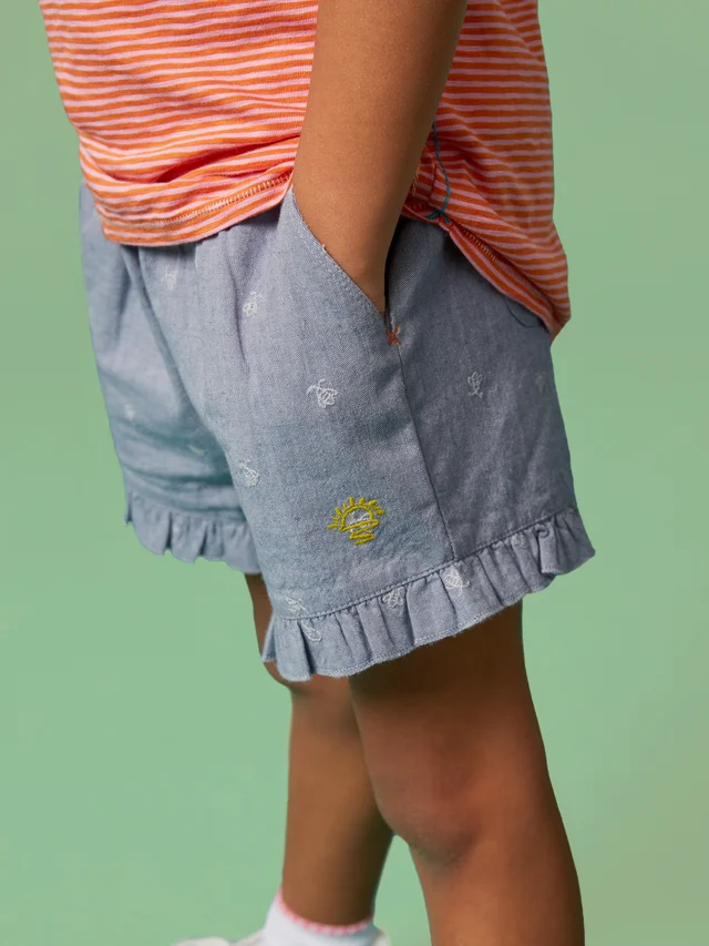 White Stuff Chambray Frill Short - Chamb Blue