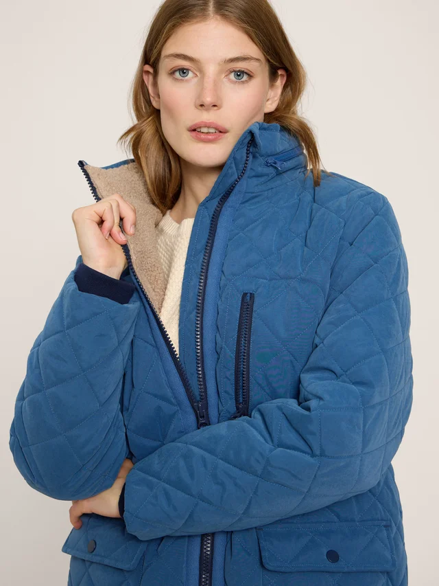White Stuff Luckie Quilted Coat - Mid Blue