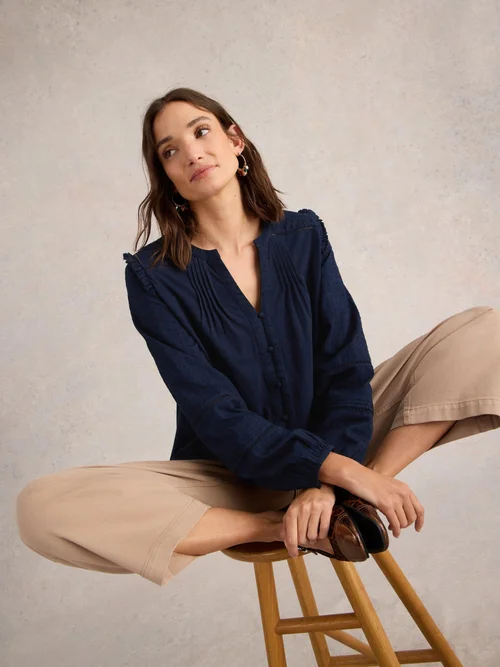 TOP BOHO À ENCOLURE BOUTONNÉE ET MOTIF FLEURS - Fr Navy - 52 Image 1