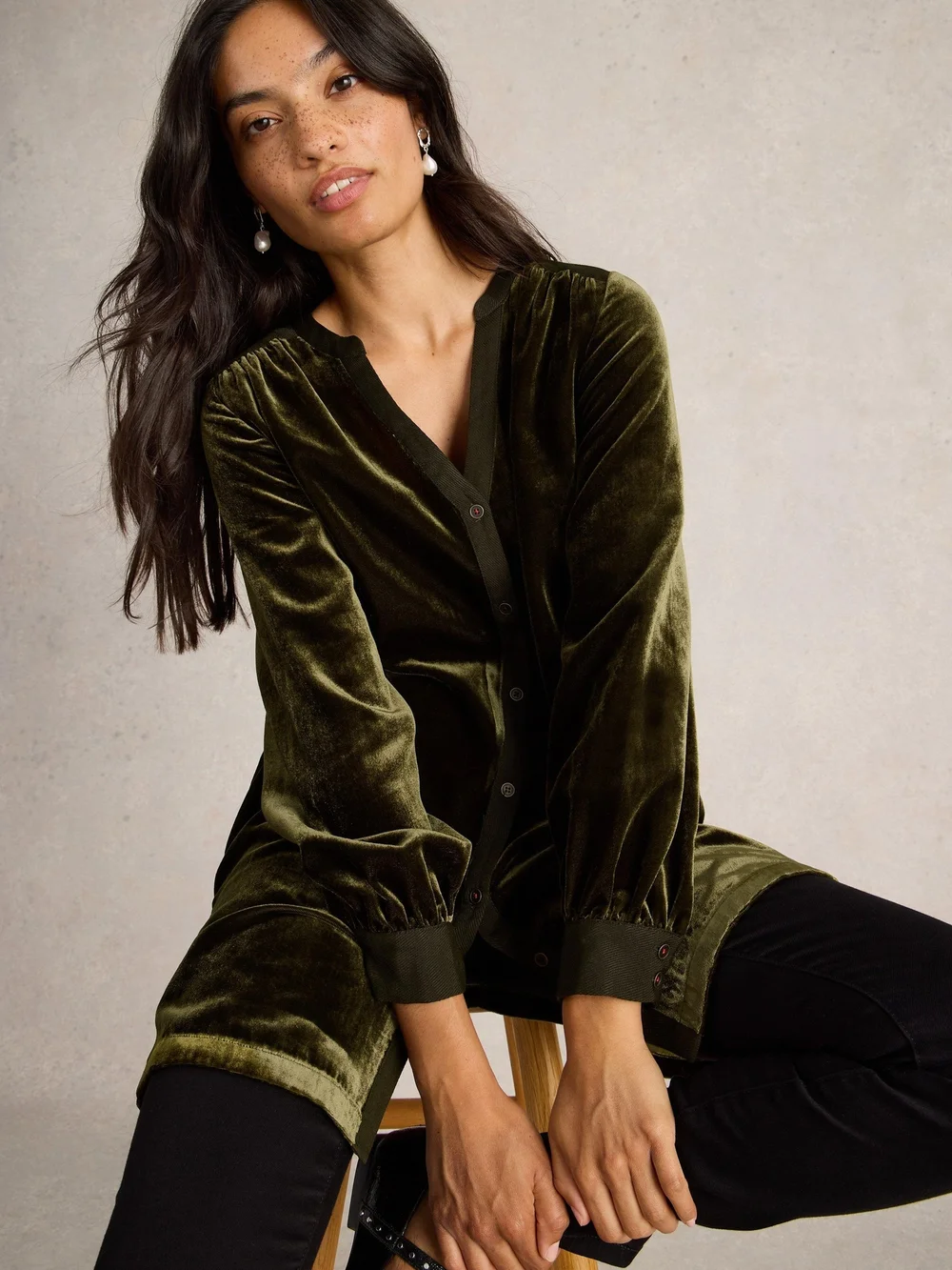Tunique en velours olive - Khaki Grn - 42/R Image 1
