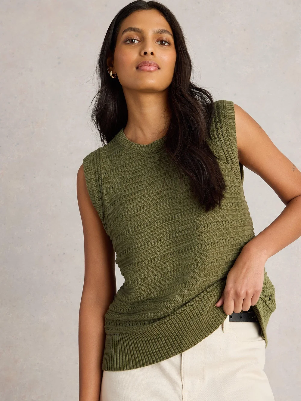 DÉBARDEUR EN COTON STITCHY - Khaki Grn - 52 Image 1