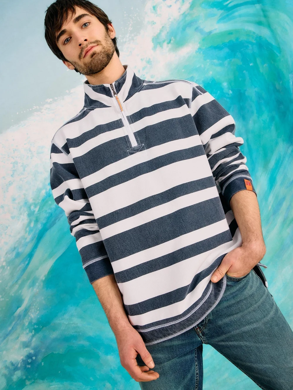 Sweat demi-zip en piqué rayé - Navy Multi - XXL Image 1