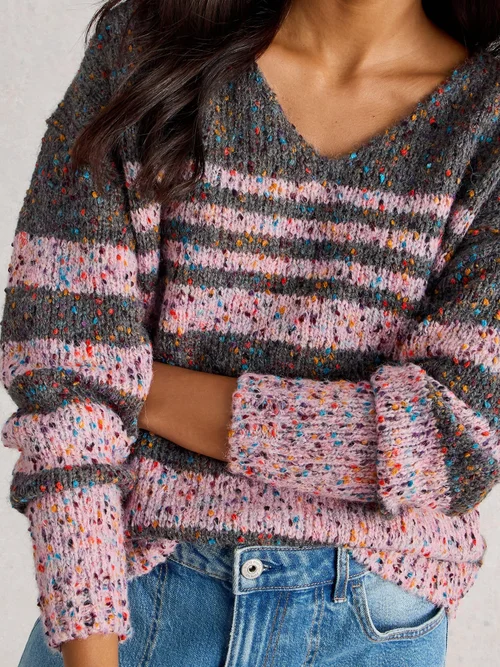 Pull À Col En V Et Rayures Texturées - Grey Mlt - 46 Image 3