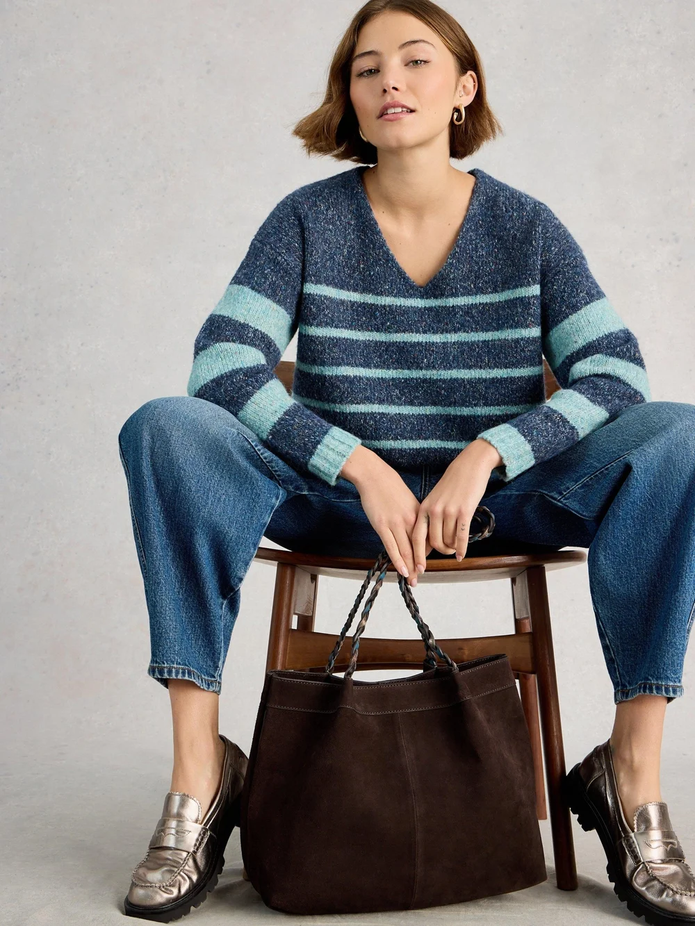 T-shirt à rayures texturées Tamara, col en V - Blue Mlt - 46 Image 1