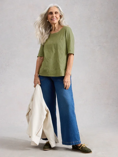 T-SHIRT BRODERIE TWEAVE - Khaki Grn - 46 Image 2