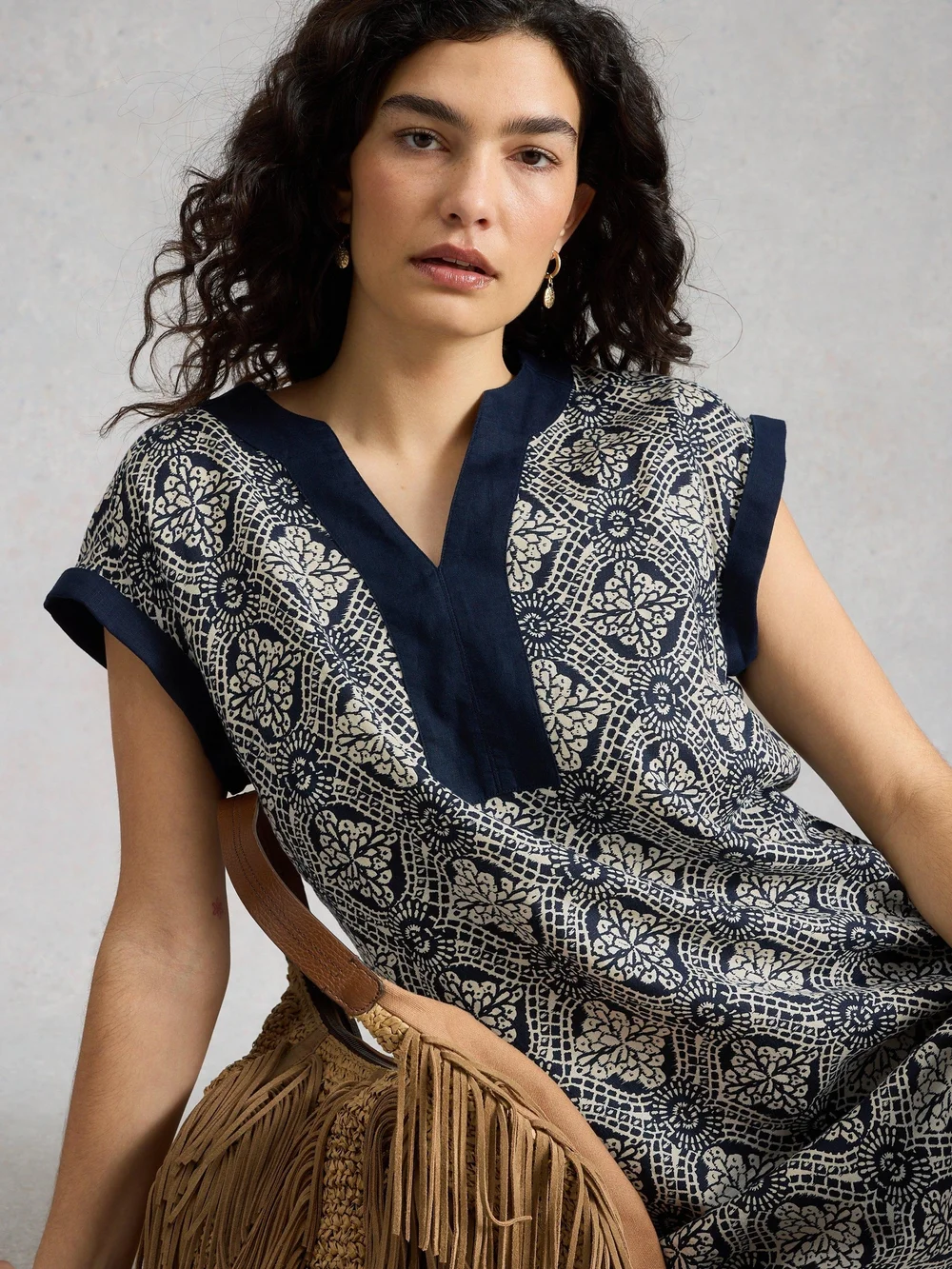 Robe Jilly en lin - Navy Multi - 52/R Image 1