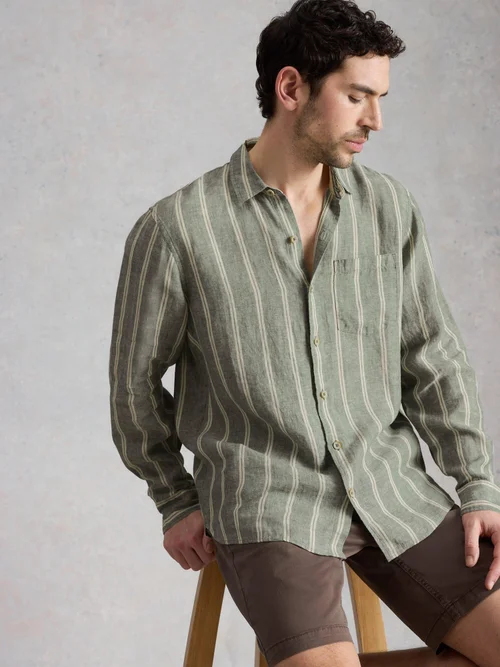 Chemise en lin Keswick à rayures manches longues - Green Mlt - XXXL Image 1