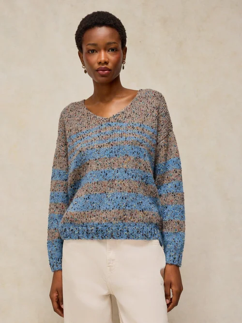 Pull à col en V rayé texturé - Brown Mlt - 52 Image 1