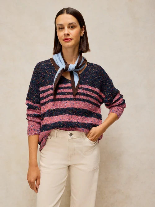 Pull à col en V rayé texturé - Navy Multi - 50 Image 1