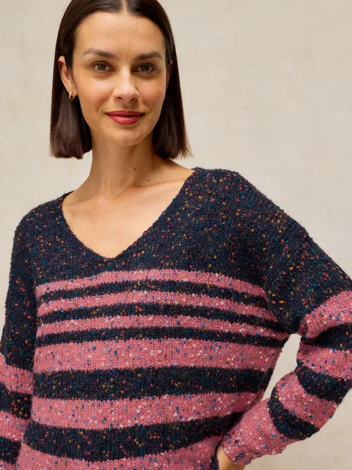 Pull à col en V rayé texturé - Navy Multi - 50 Image 3