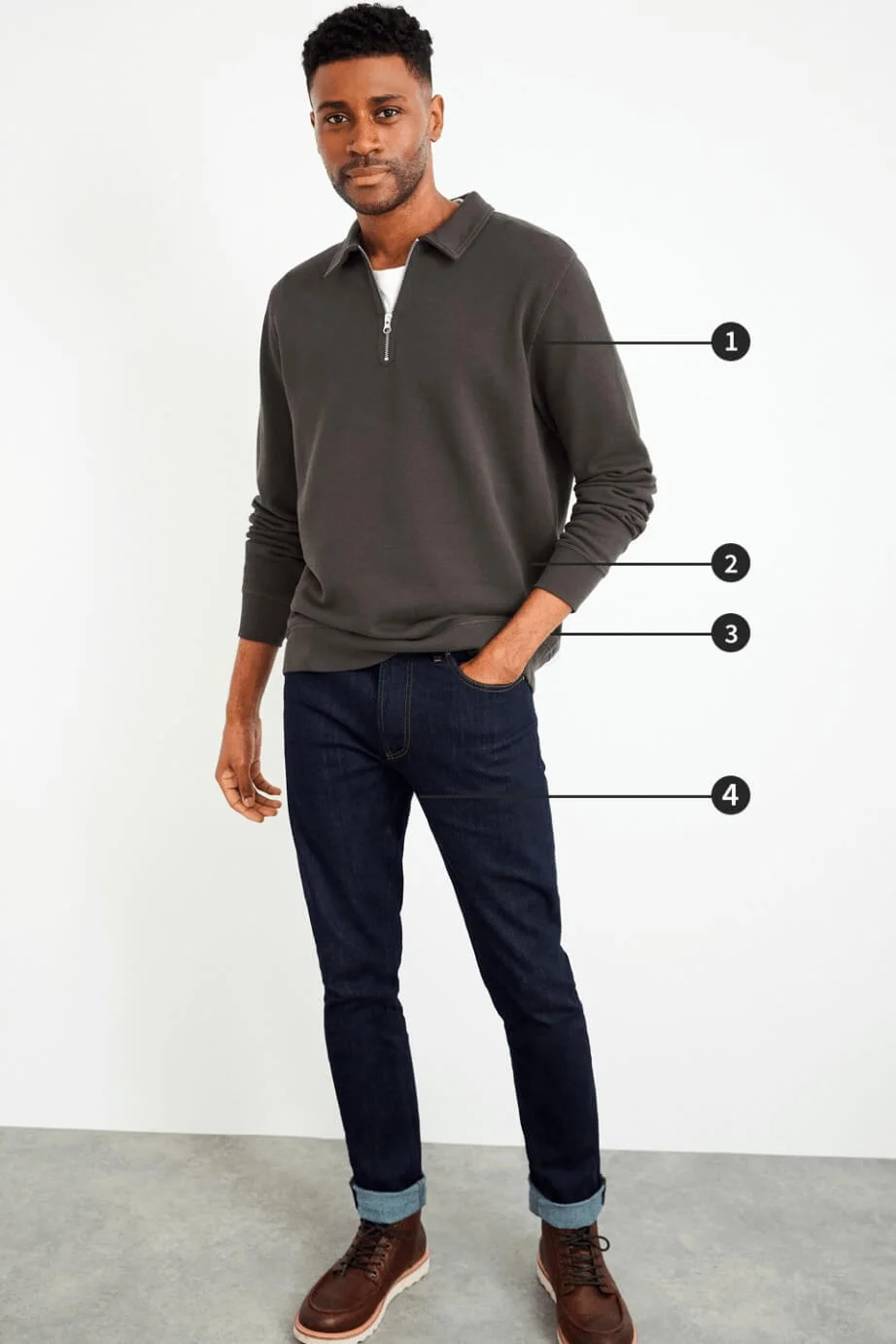 Hommes : Comment mesurer correctement - 1. Poitrine, 2. Taille, 3. Hanches, 4. Longueur de l'entrejambe
